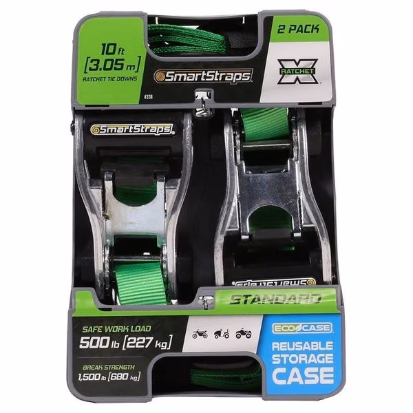 TieDown, 1 in W, 10 ft L, Polyester, Green, 500 lb, SHook End Fitting, Steel End Fitting, Smartstrap, Mfr#: 338